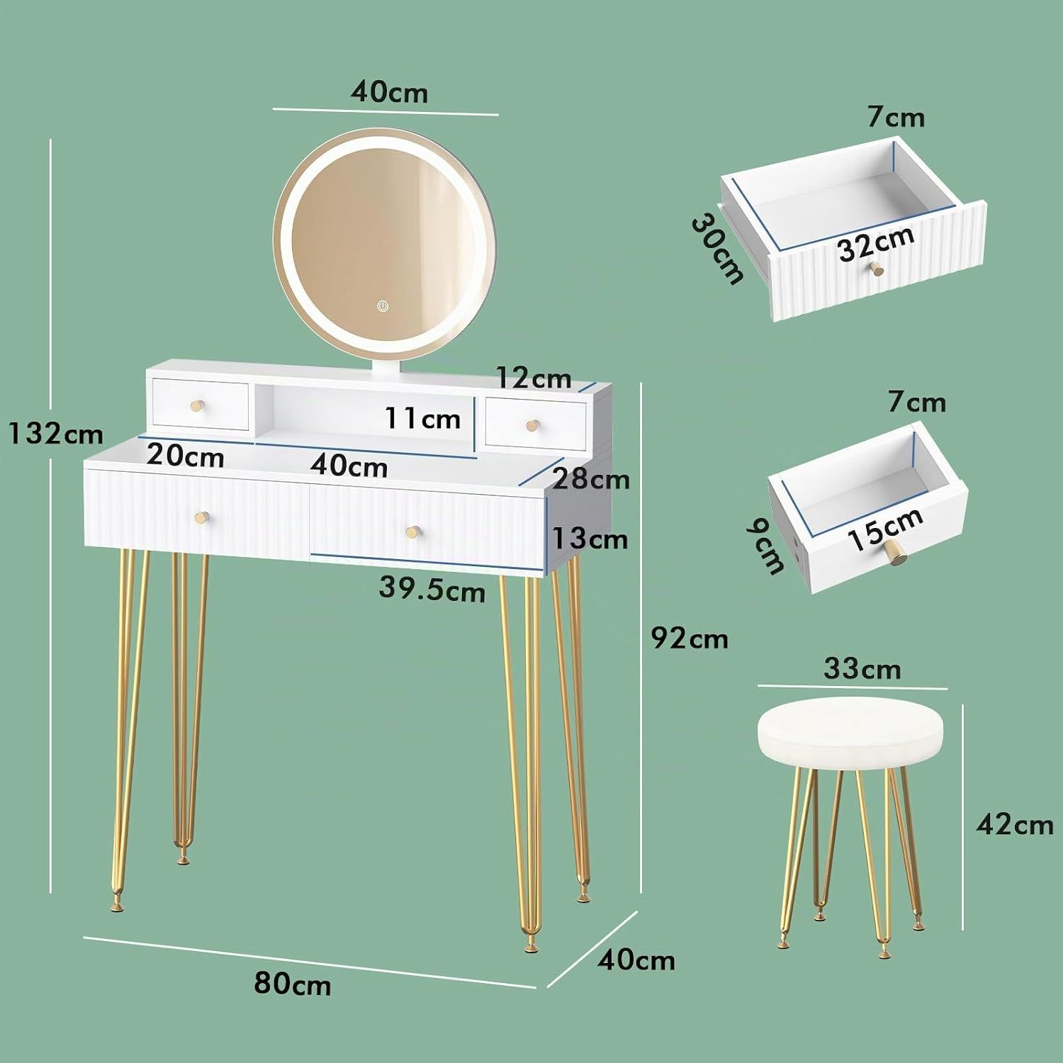 White Vanity LED Lights Mirror Makeup Table Set with Adjustable Brightness