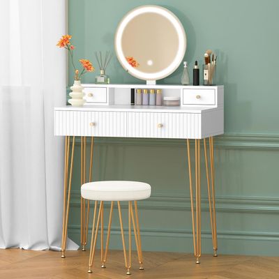 White Vanity LED Lights Mirror Makeup Table Set with Adjustable Brightness