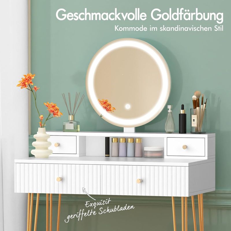 White Vanity LED Lights Mirror Makeup Table Set with Adjustable Brightness