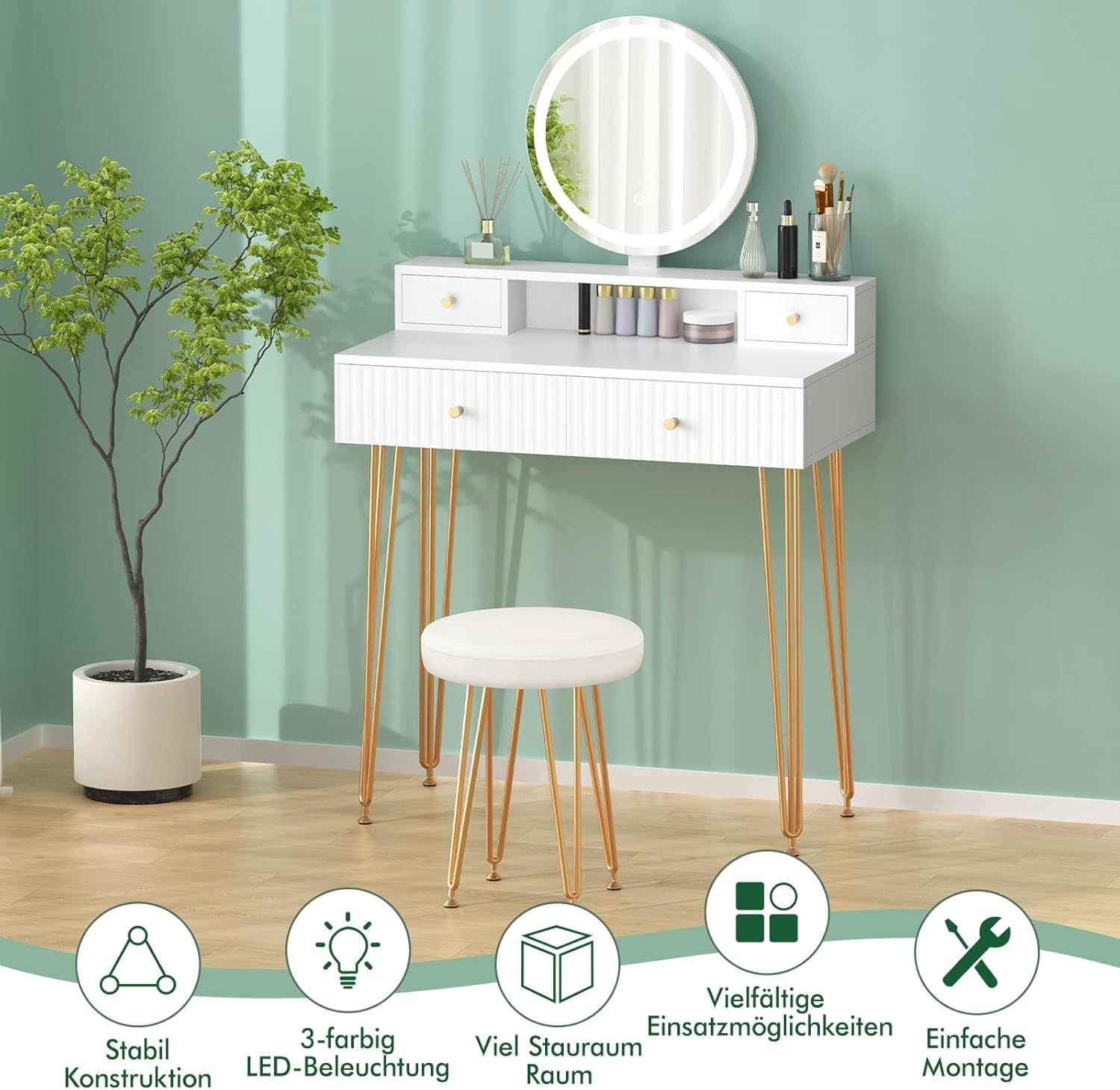White Vanity LED Lights Mirror Makeup Table Set with Adjustable Brightness