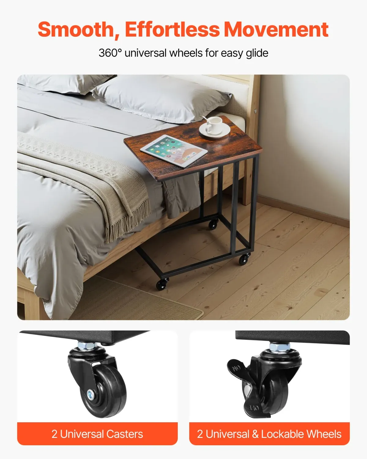 Side Table with Wheels – Rolling Sofa &amp; Bedside Laptop Table, 25 kg Capacity