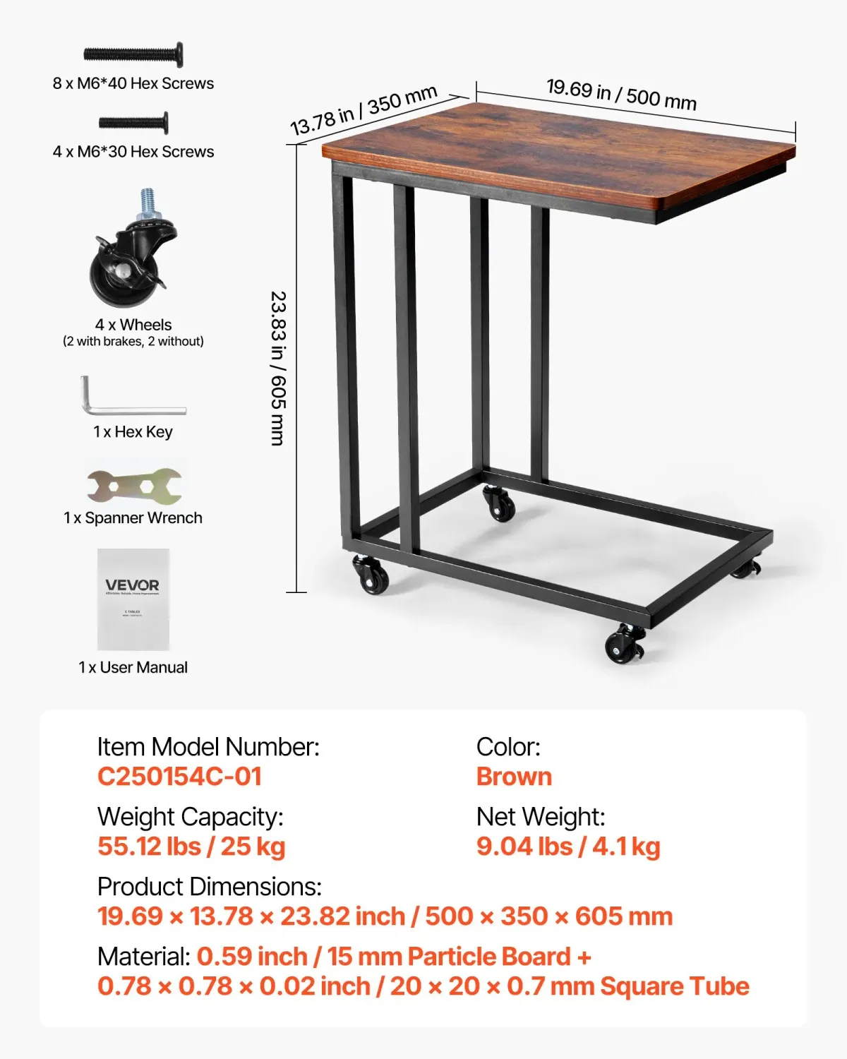 Side Table with Wheels – Rolling Sofa &amp; Bedside Laptop Table, 25 kg Capacity