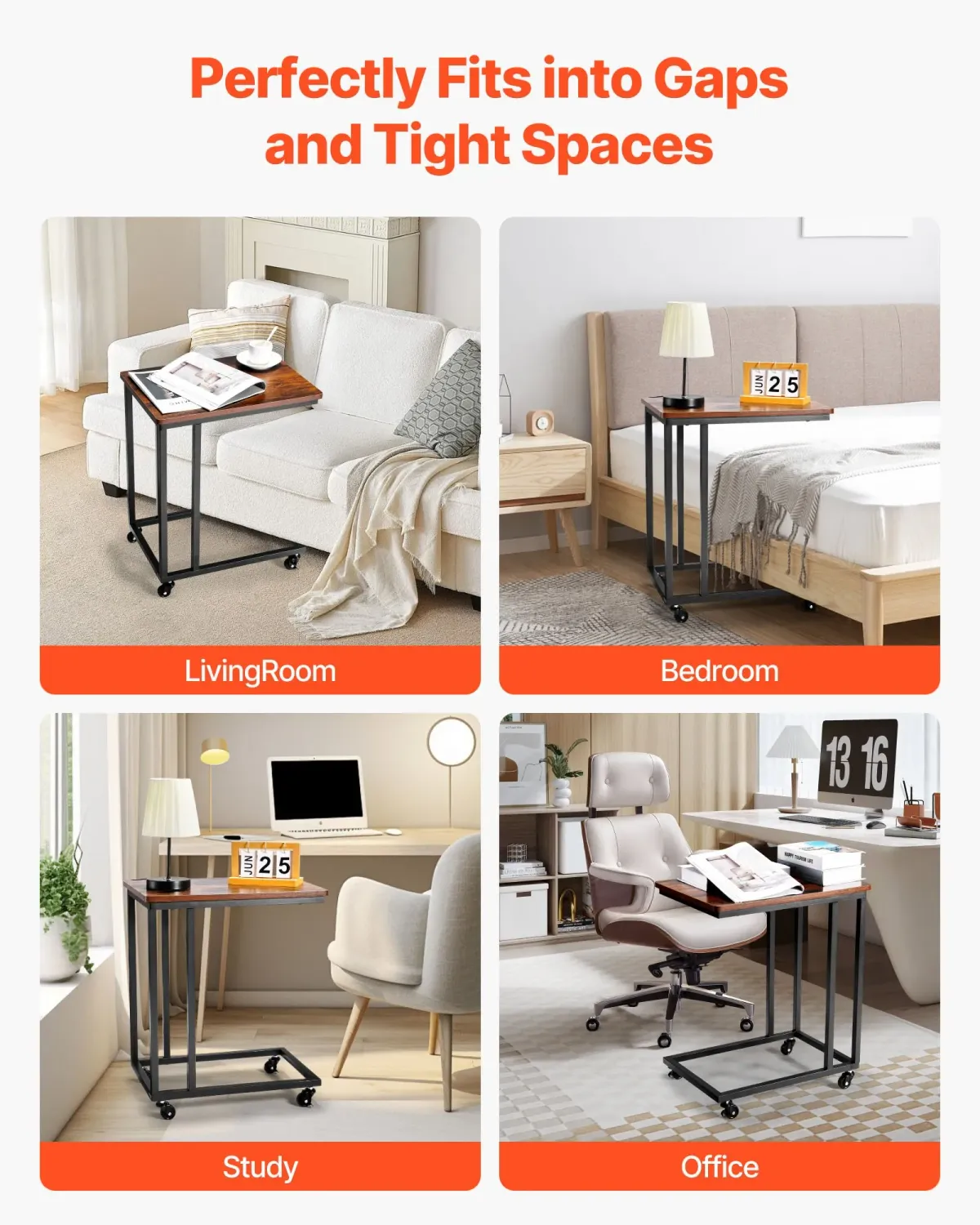 Side Table with Wheels – Rolling Sofa &amp; Bedside Laptop Table, 25 kg Capacity
