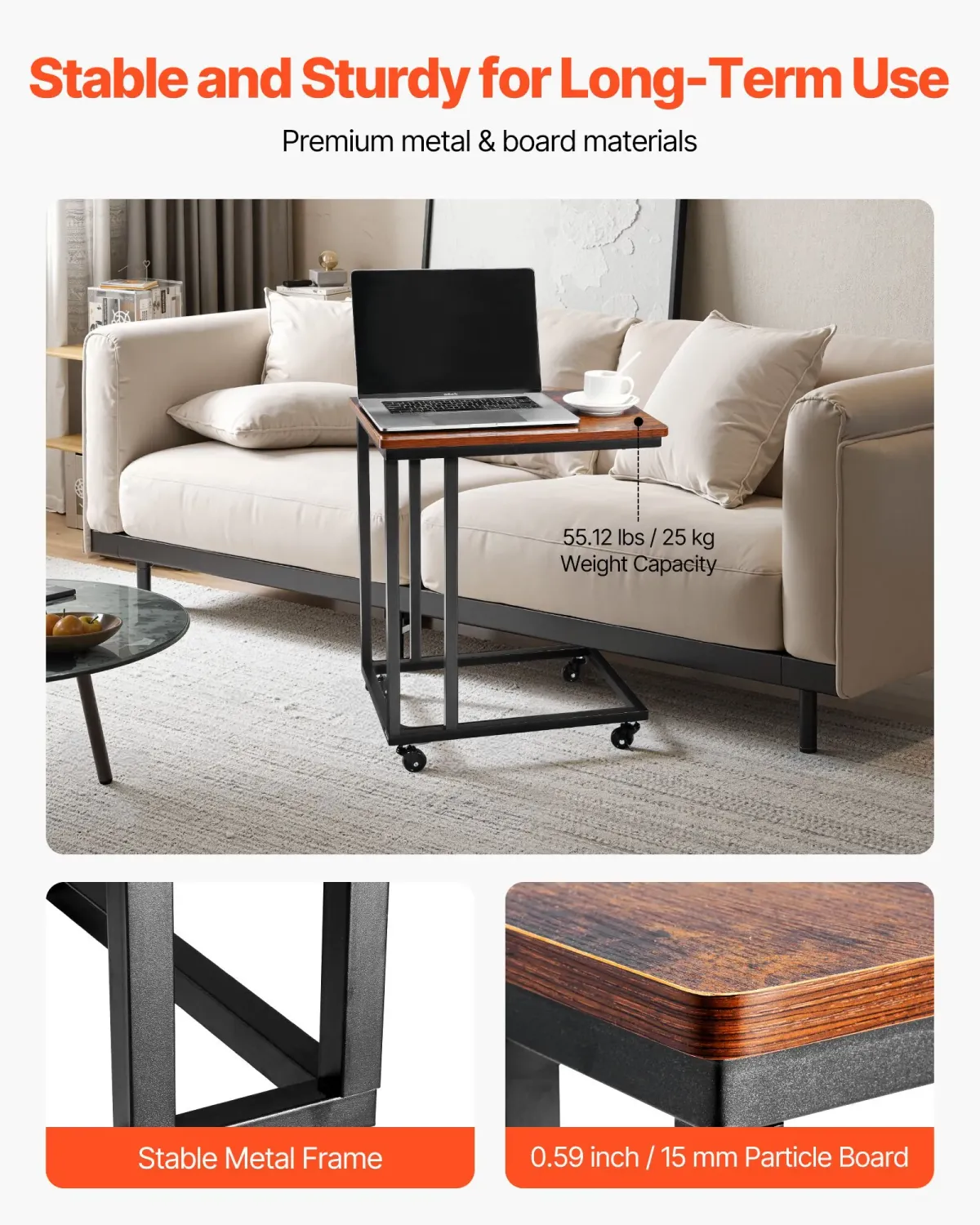 Side Table with Wheels – Rolling Sofa &amp; Bedside Laptop Table, 25 kg Capacity