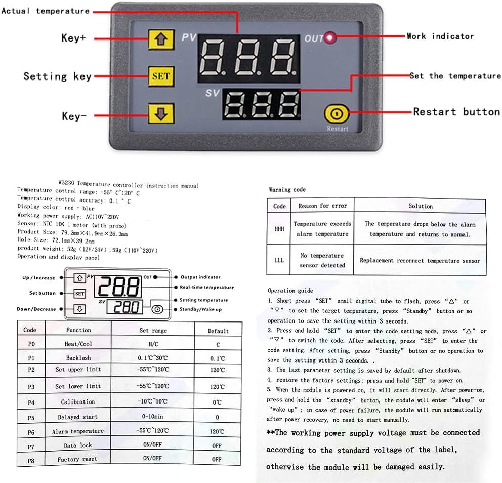Digital Temperature Controller — 110V–220V 10A Heat/Cool Thermostat, Waterproof NTC 10K Sensor Probe, Wide Range -50°C to 110°C