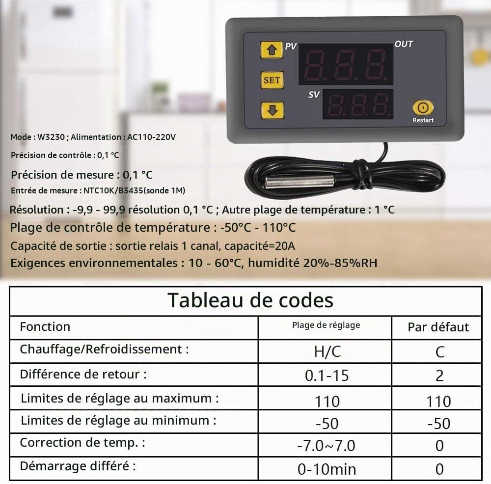 Digital Temperature Controller — 110V–220V 10A Heat/Cool Thermostat, Waterproof NTC 10K Sensor Probe, Wide Range -50°C to 110°C
