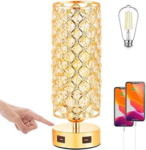 Rose Gold Touch Desk Lamp with USB Ports LED Dimmable Bedside Table Lamp, Colour: Gold