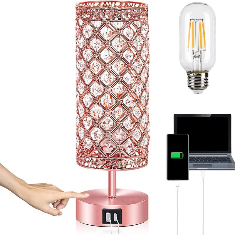 Rose Gold Touch Desk Lamp with USB Ports LED Dimmable Bedside Table Lamp