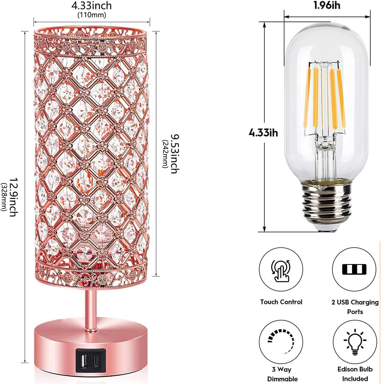 Rose Gold Touch Desk Lamp with USB Ports LED Dimmable Bedside Table Lamp