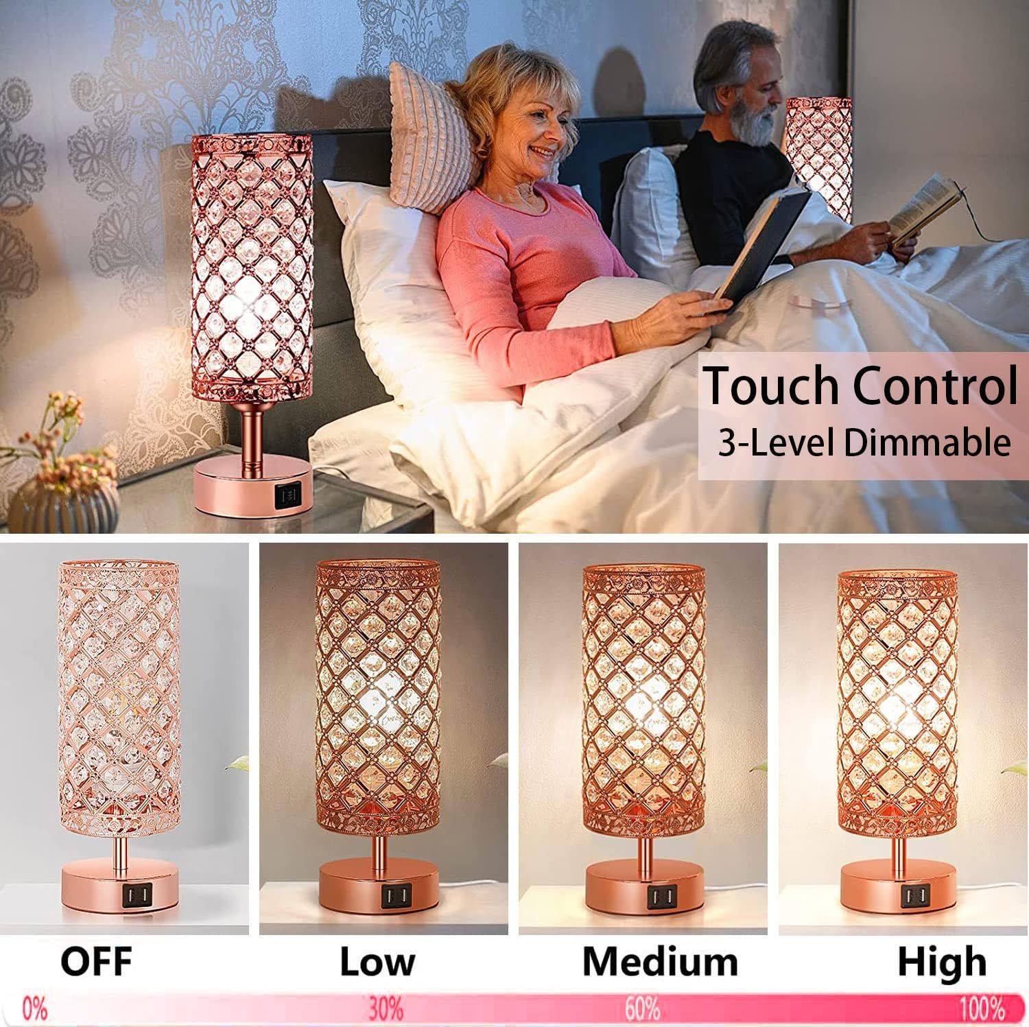 Rose Gold Touch Desk Lamp with USB Ports LED Dimmable Bedside Table Lamp