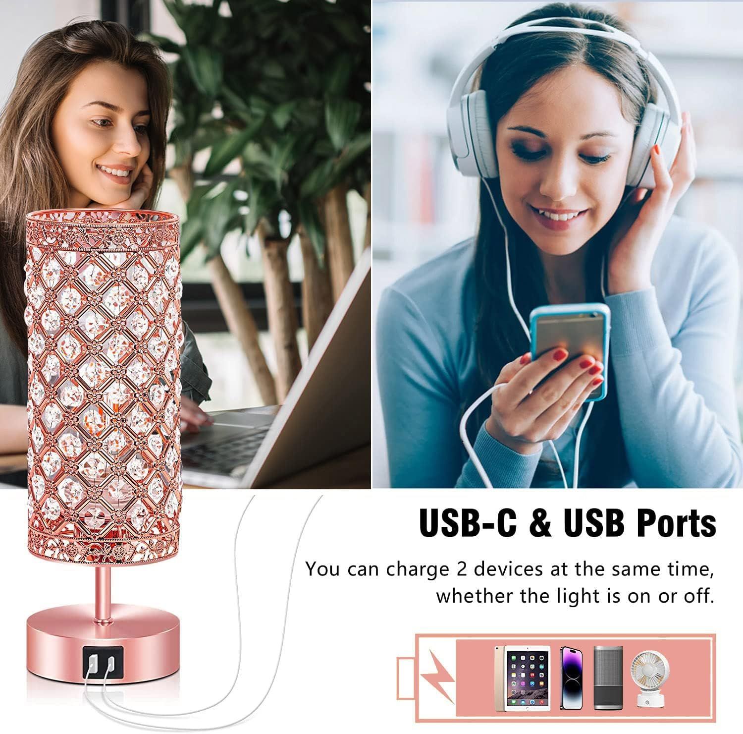 Rose Gold Touch Desk Lamp with USB Ports LED Dimmable Bedside Table Lamp