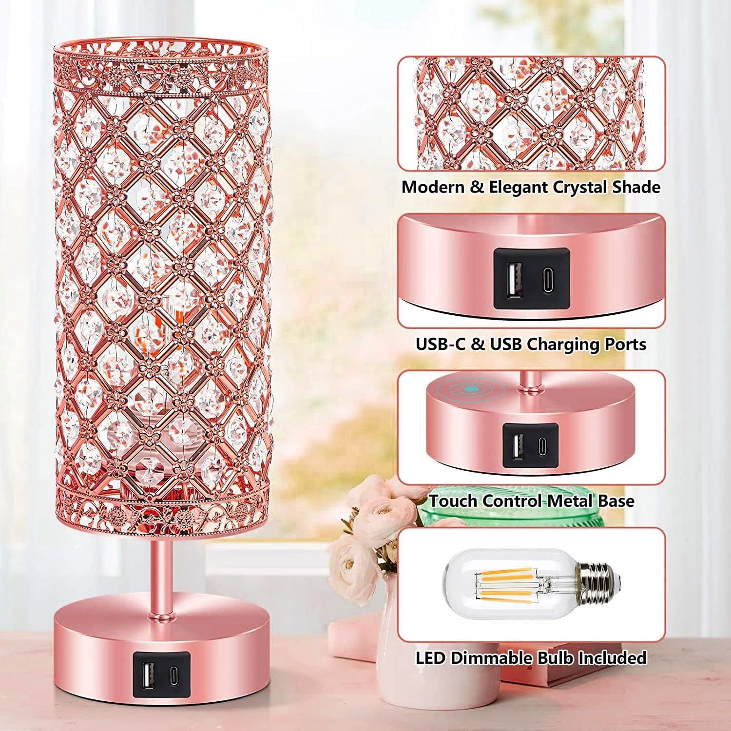 Rose Gold Touch Desk Lamp with USB Ports LED Dimmable Bedside Table Lamp
