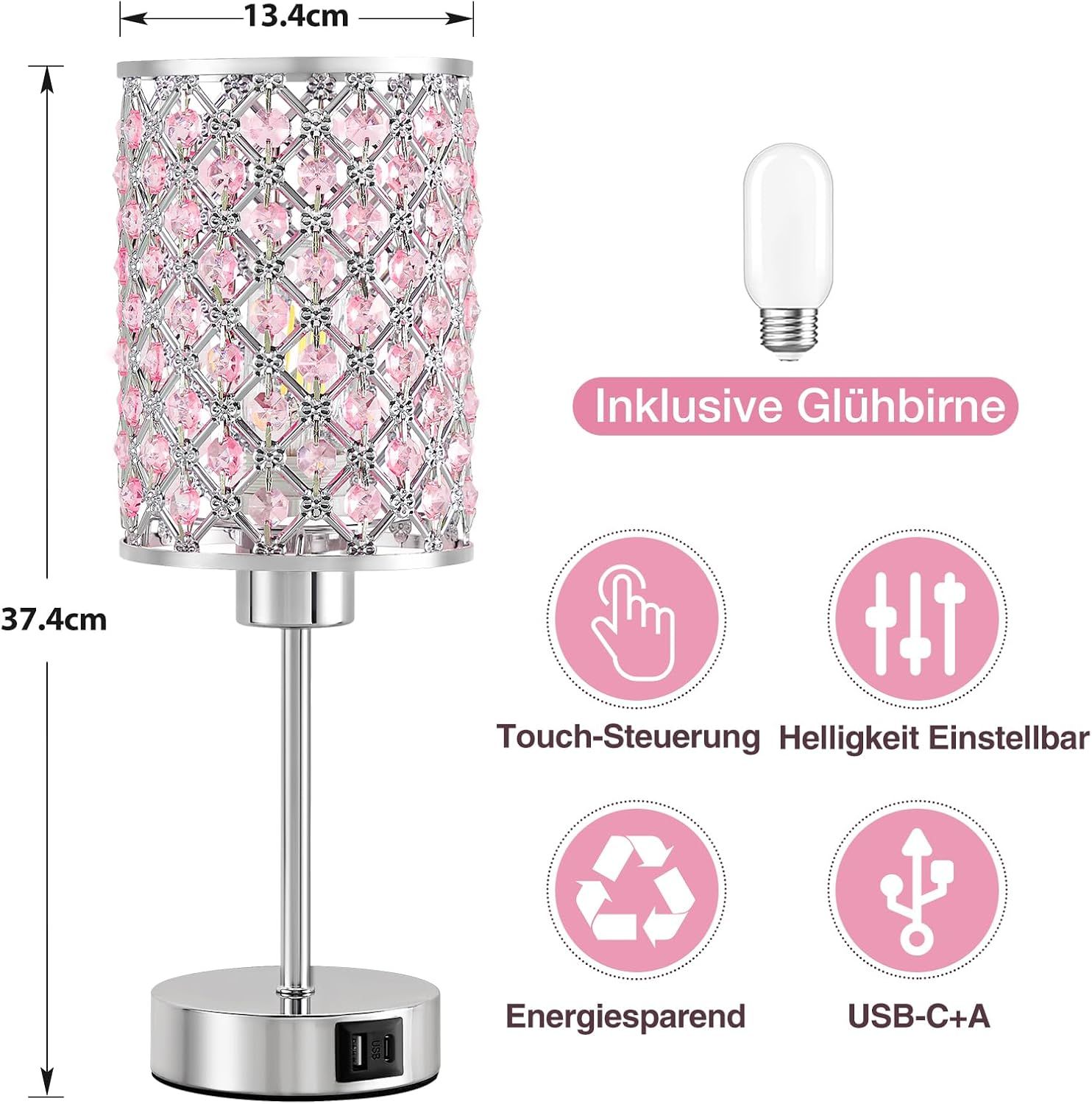 Rose Gold ouch Bedside Table Lamp – 3-Level Dimmable LED Lamp with USB-C &amp; USB-A Charging