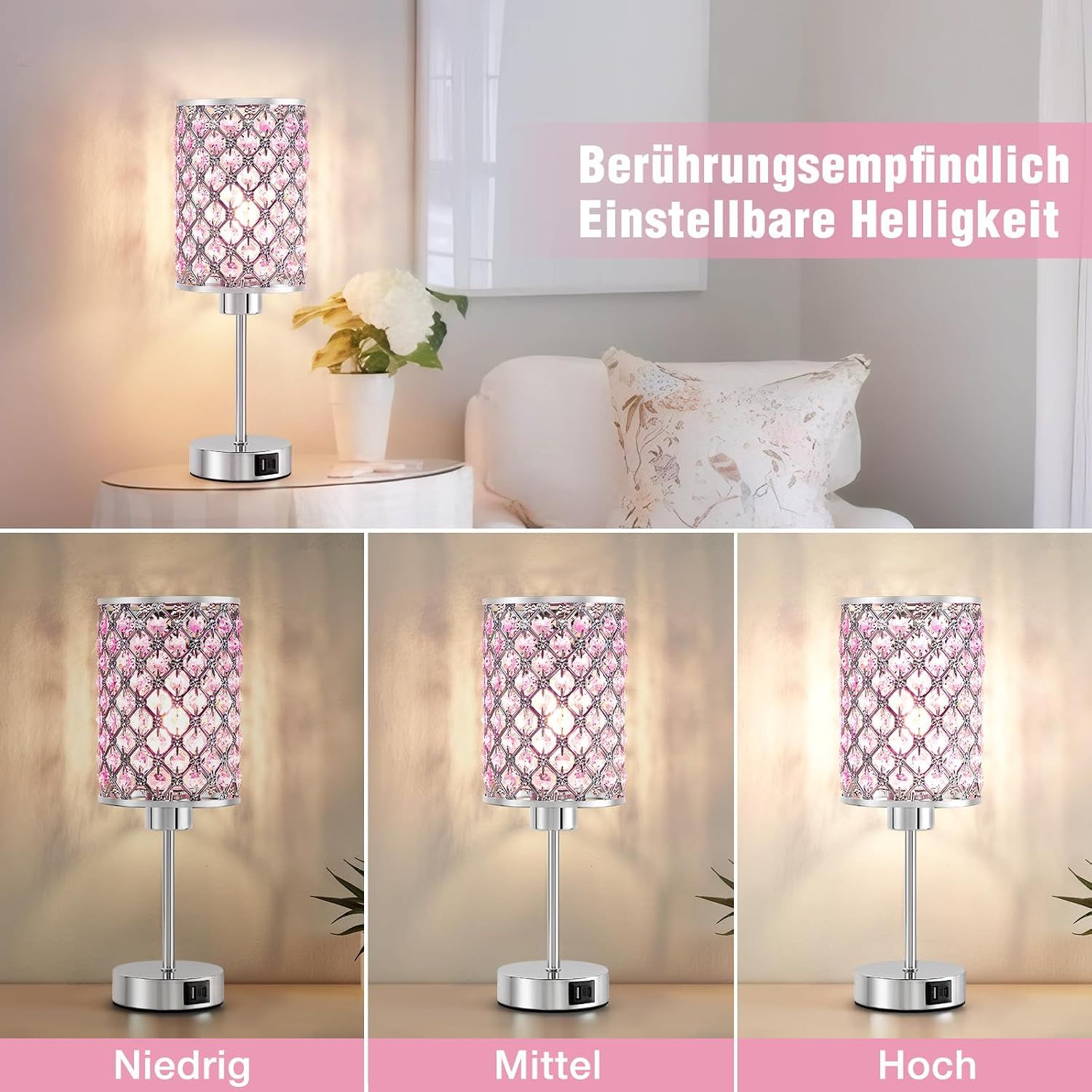 Rose Gold ouch Bedside Table Lamp – 3-Level Dimmable LED Lamp with USB-C &amp; USB-A Charging