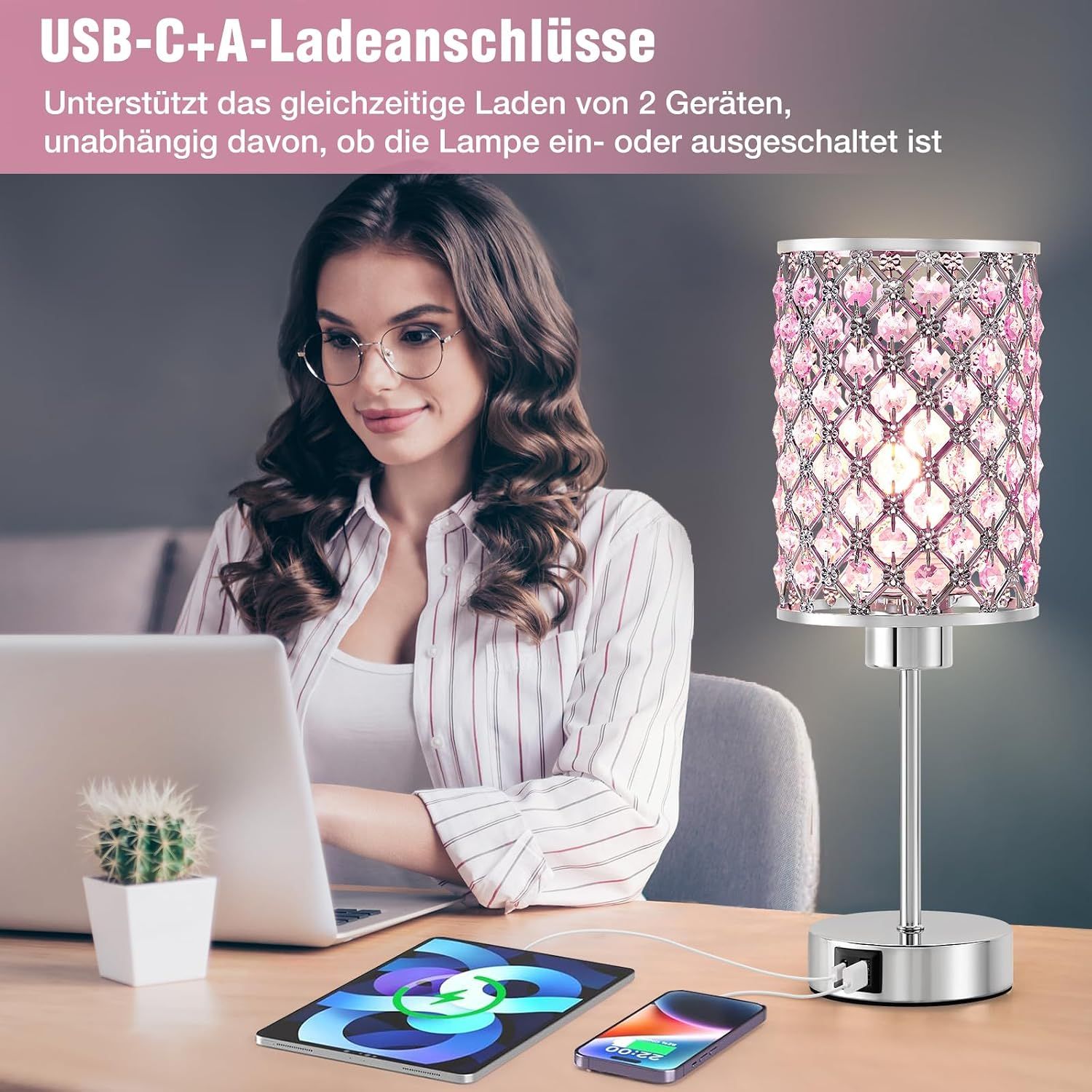 Rose Gold ouch Bedside Table Lamp – 3-Level Dimmable LED Lamp with USB-C &amp; USB-A Charging