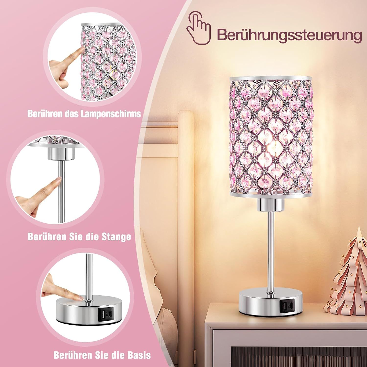Rose Gold ouch Bedside Table Lamp – 3-Level Dimmable LED Lamp with USB-C &amp; USB-A Charging