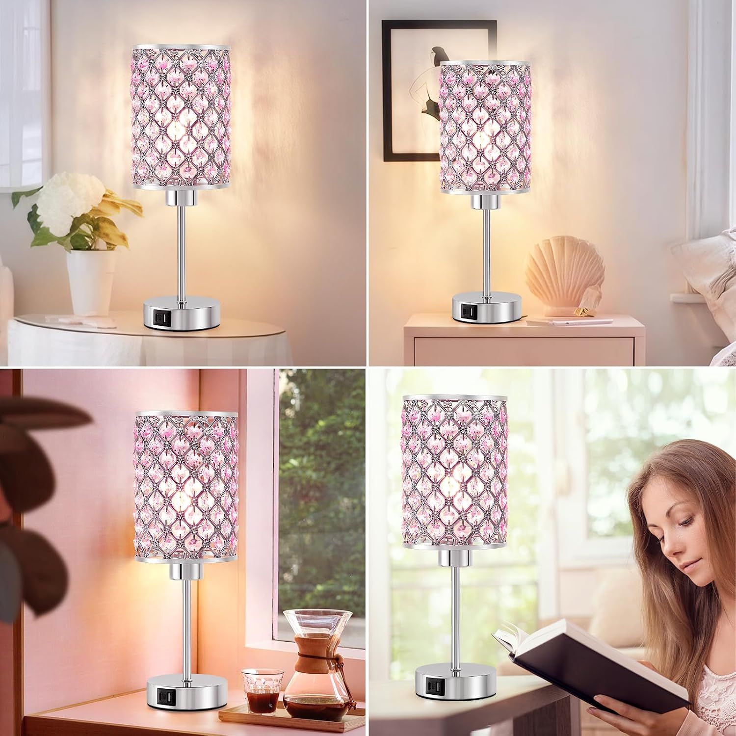 Rose Gold ouch Bedside Table Lamp – 3-Level Dimmable LED Lamp with USB-C &amp; USB-A Charging