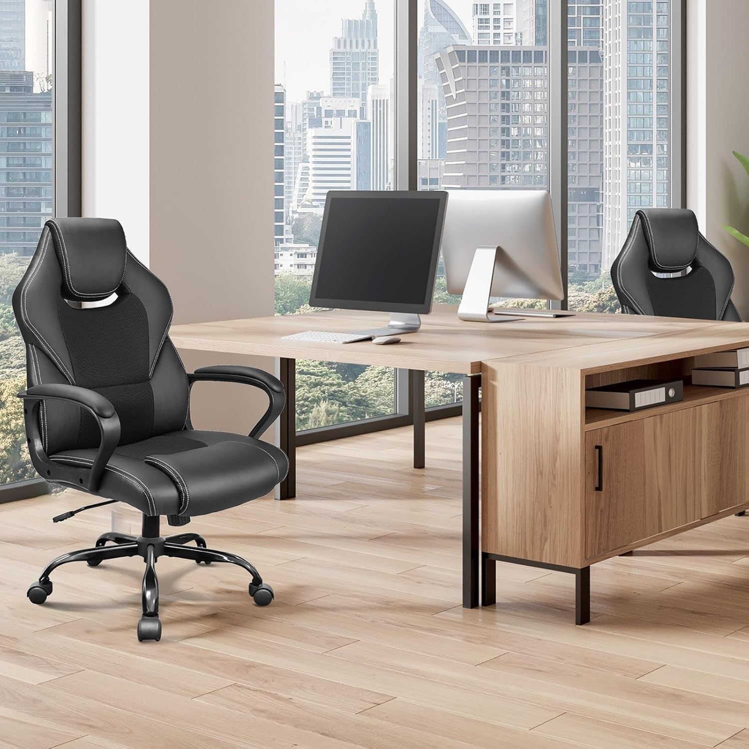 Ergonomic Office Chair – PU Leather &amp; Breathable Mesh, 360° Silent Casters