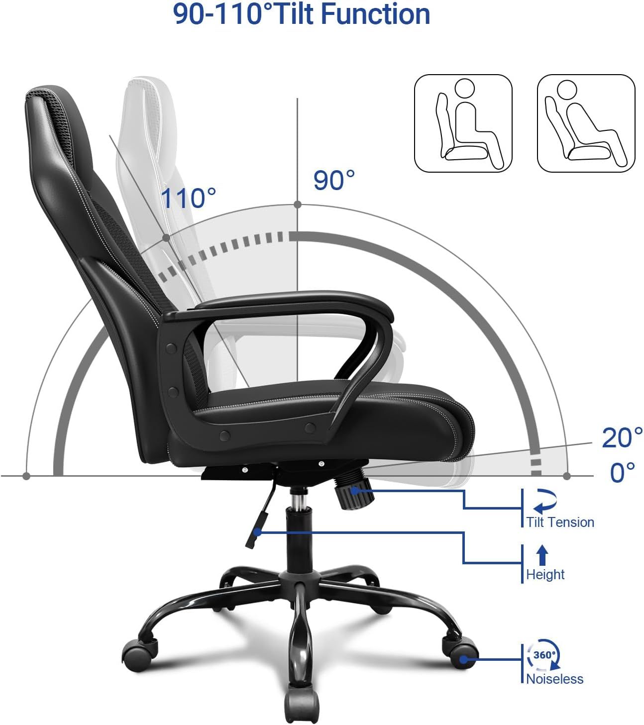 Ergonomic Office Chair – PU Leather &amp; Breathable Mesh, 360° Silent Casters