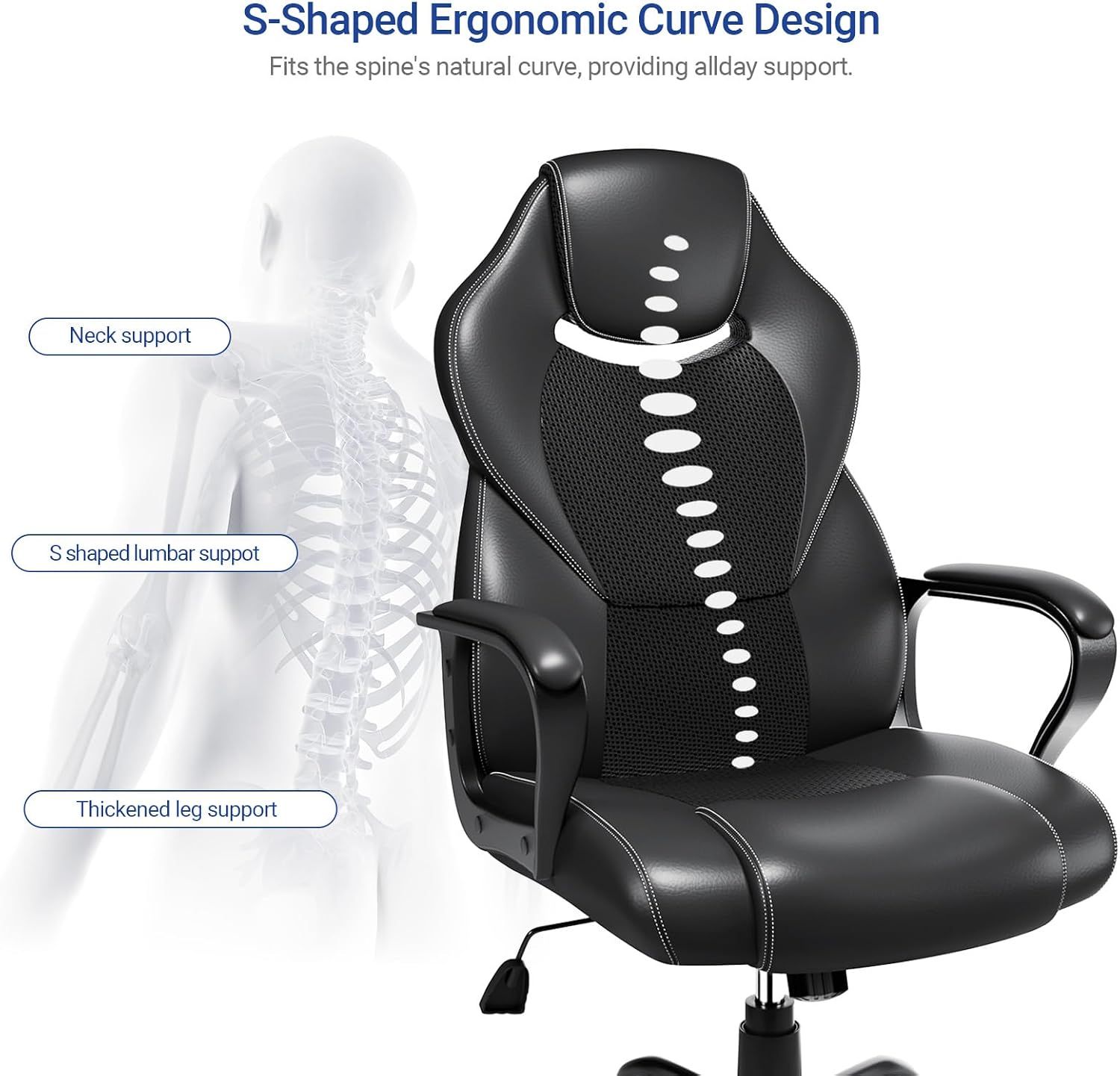 Ergonomic Office Chair – PU Leather &amp; Breathable Mesh, 360° Silent Casters