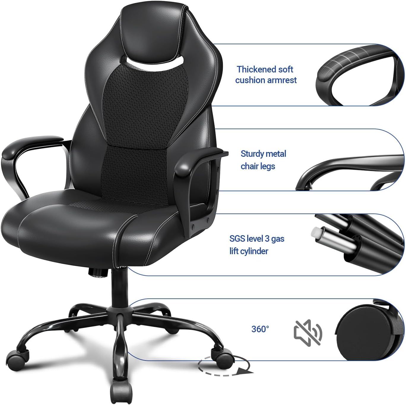 Ergonomic Office Chair – PU Leather &amp; Breathable Mesh, 360° Silent Casters
