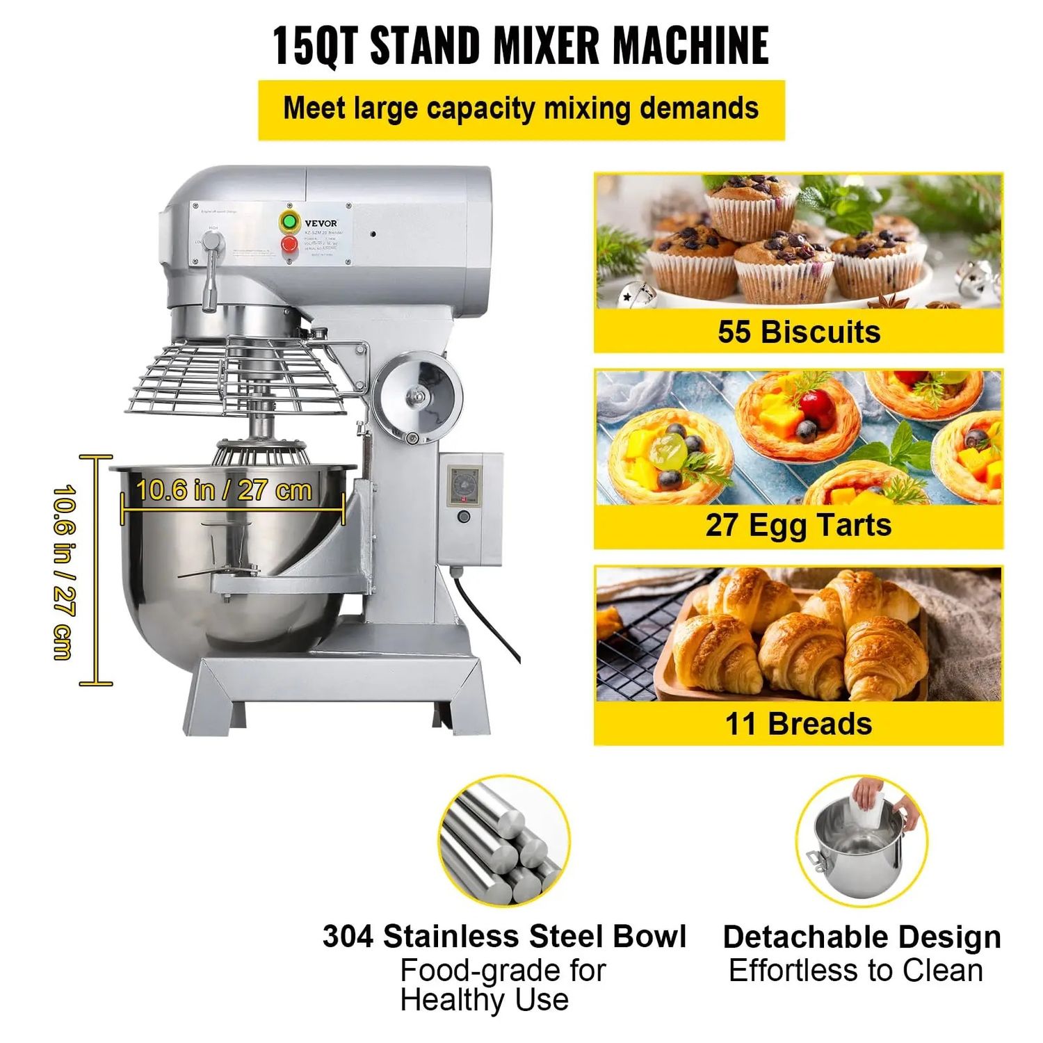 15QT Industrial Kitchen Mixer – Commercial 3-Speed Food Mixer