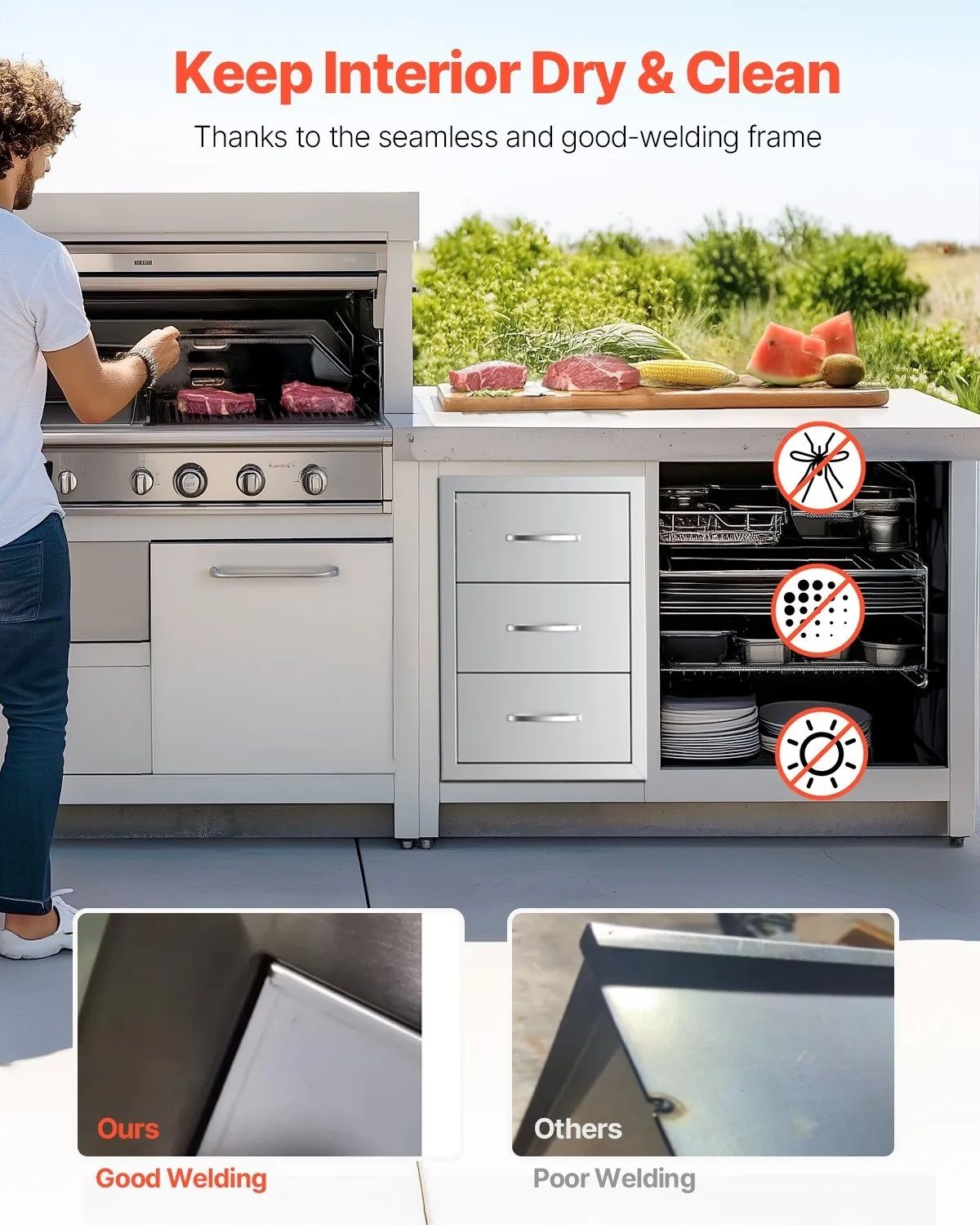 Outdoor Kitchen Drawer Cabinet (47 x 57 x 57 cm) with Triple Access, Stainless Steel, Drawer Storage for Grill Island with Handle, for Grill Station