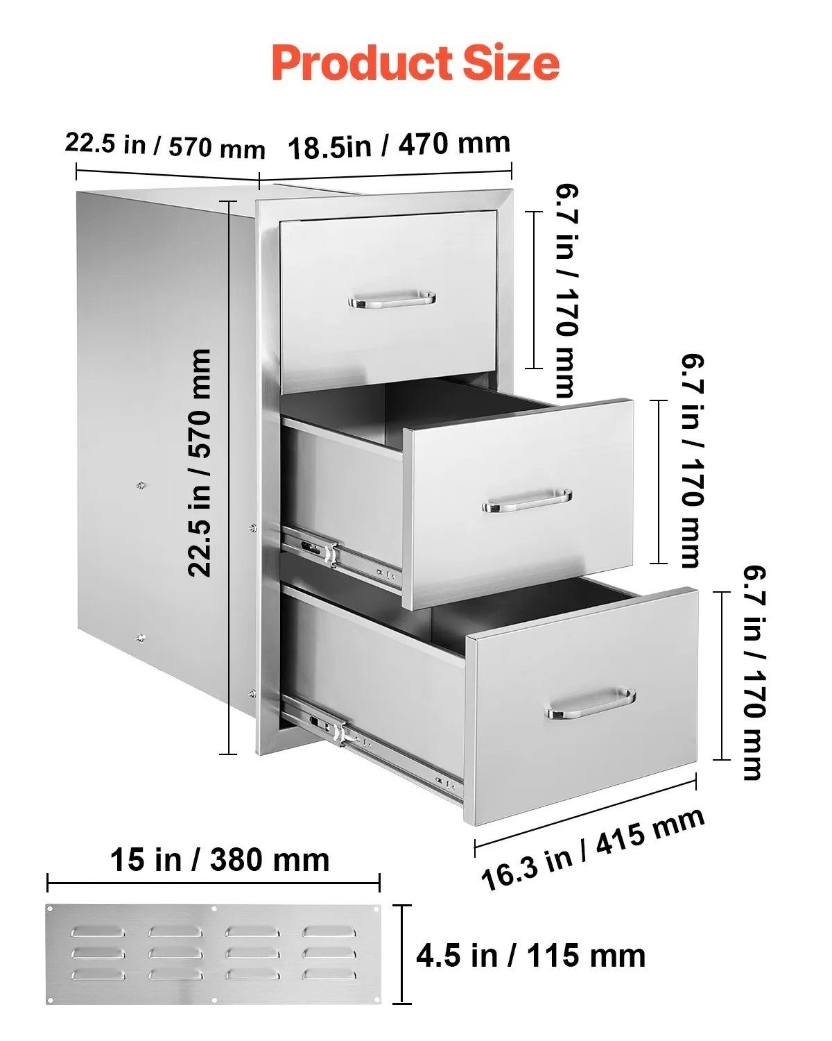Outdoor Kitchen Drawer Cabinet (47 x 57 x 57 cm) with Triple Access, Stainless Steel, Drawer Storage for Grill Island with Handle, for Grill Station