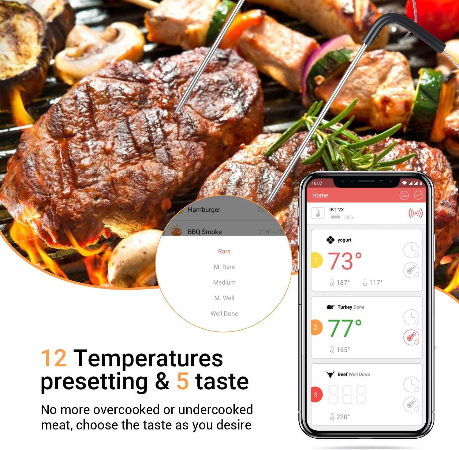 Bluetooth Meat Thermometer IBT-2X Digital BBQ Grill Oven Probe 300°C