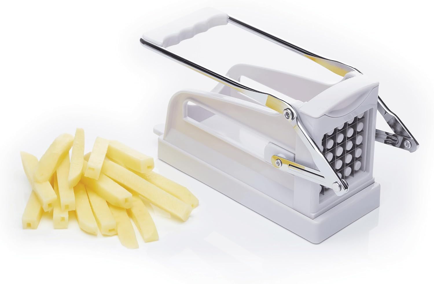 Potato Chipper White Plastic Stainless Steel French Fry Cutter with Suction Base and 2 Blades