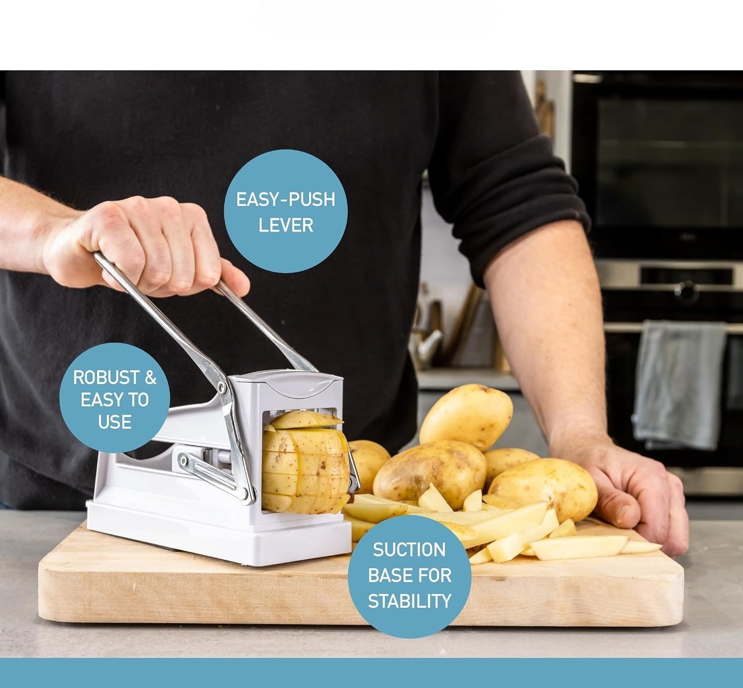 Potato Chipper White Plastic Stainless Steel French Fry Cutter with Suction Base and 2 Blades