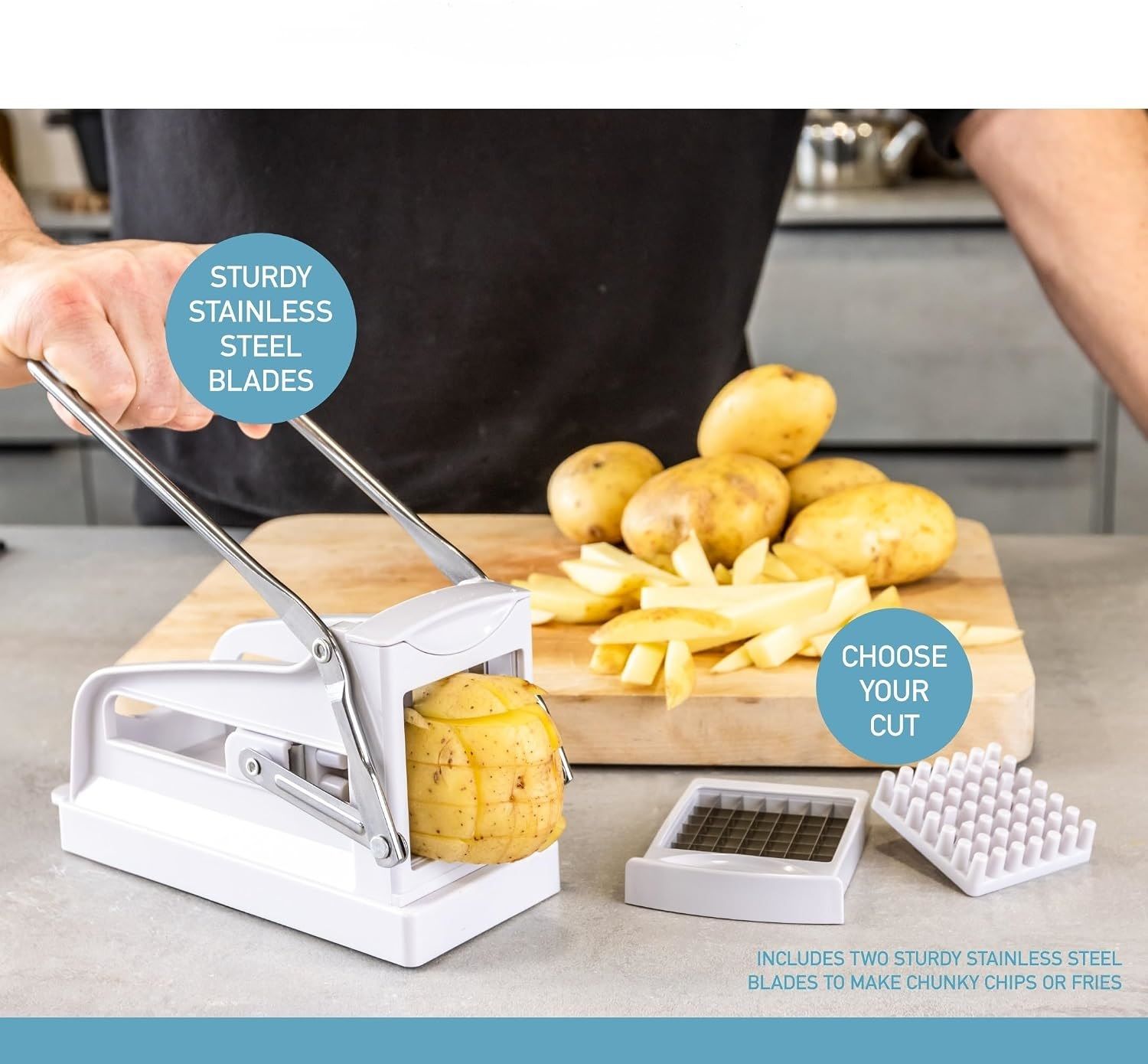 Potato Chipper White Plastic Stainless Steel French Fry Cutter with Suction Base and 2 Blades