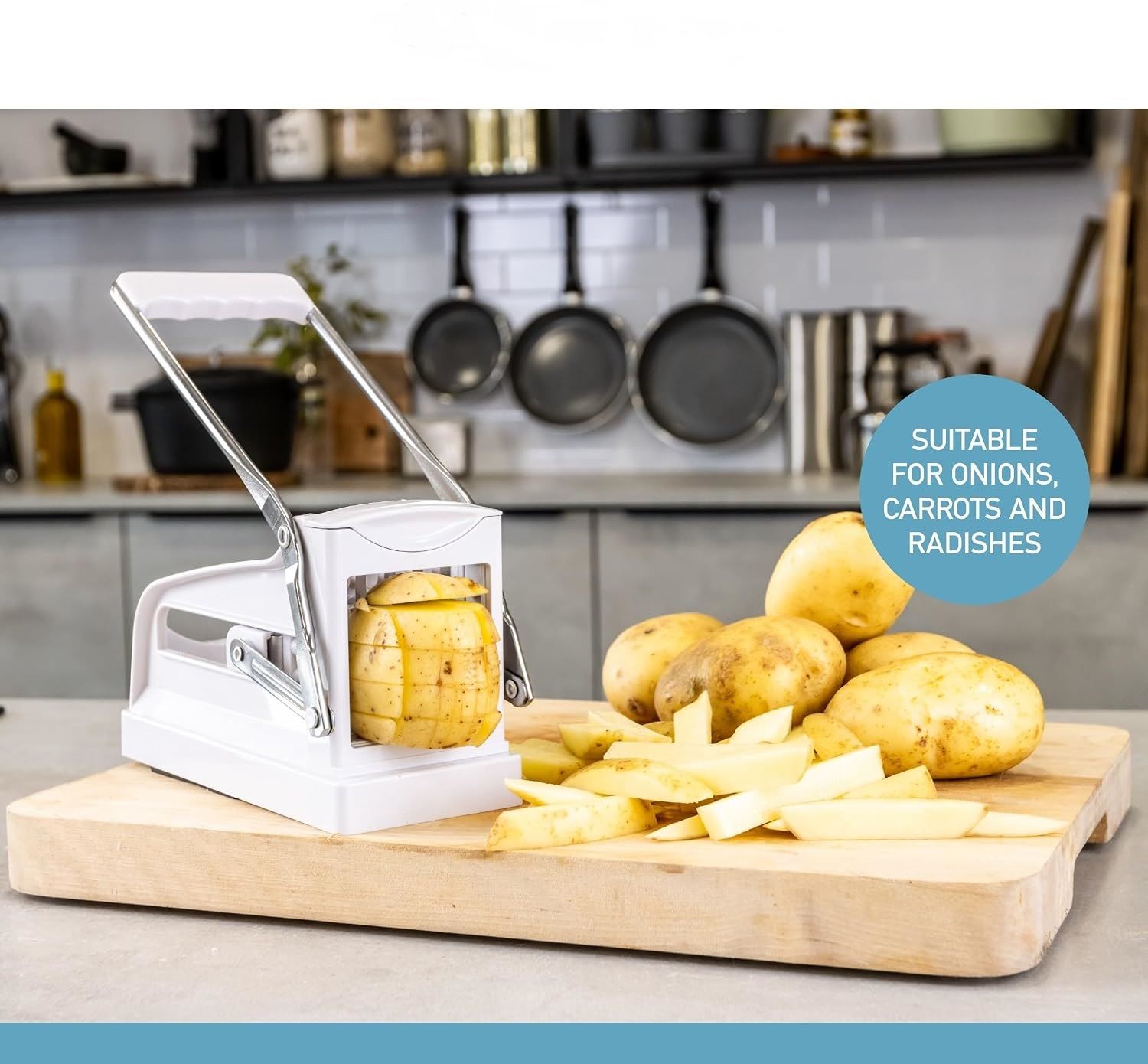 Potato Chipper White Plastic Stainless Steel French Fry Cutter with Suction Base and 2 Blades