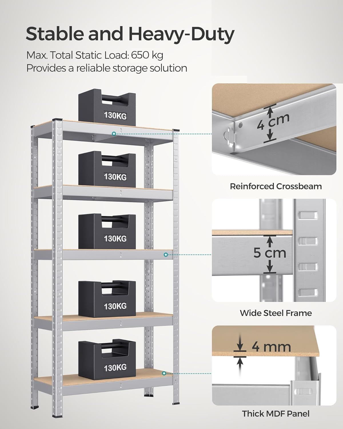 5 Tier Heavy Duty Steel Storage Shelving Unit 650kg