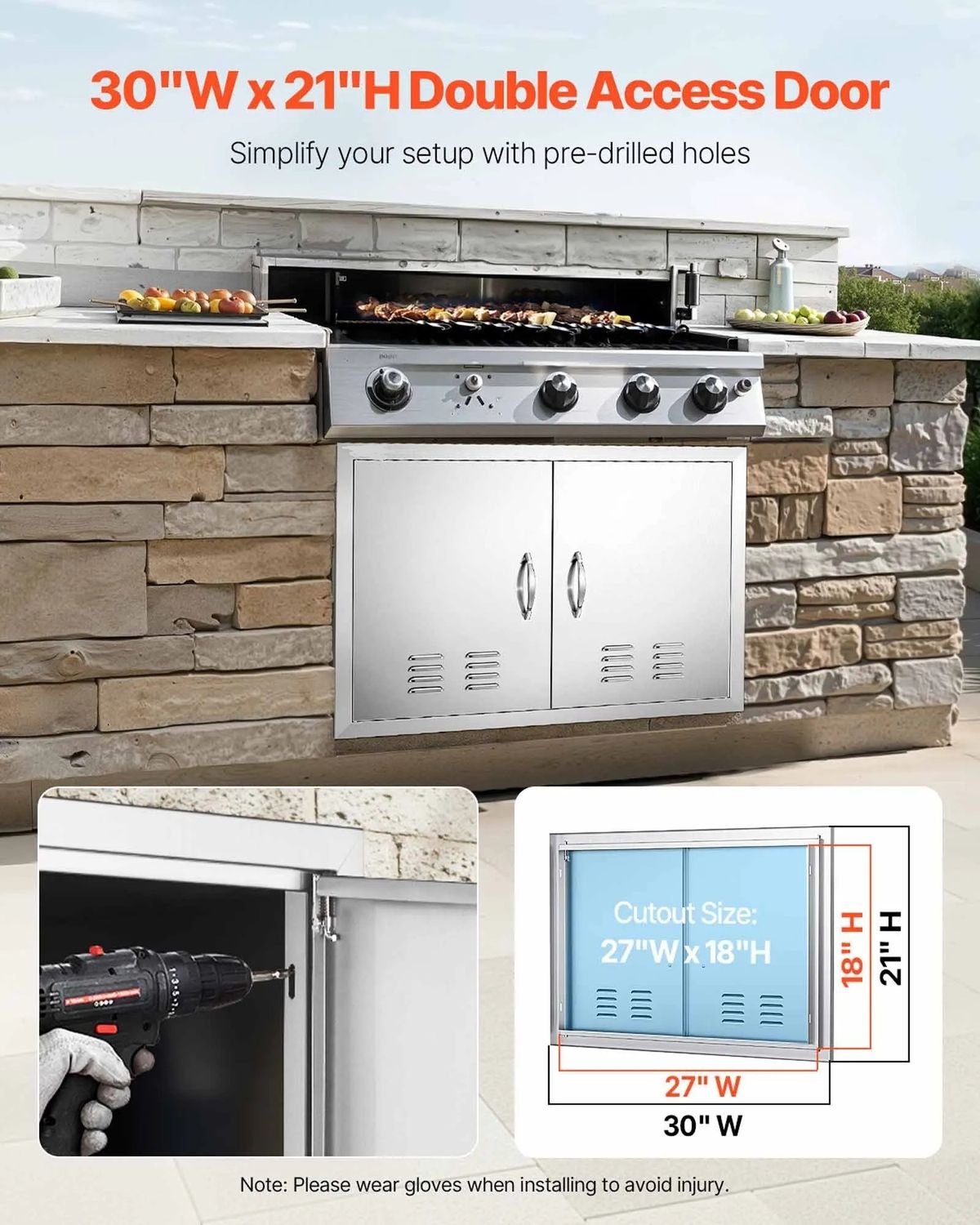BBQ Access Door 30 x 21 Inch, Double Stainless Steel Outdoor Kitchen Cabinet Door with Handles &amp; Vents for BBQ Island