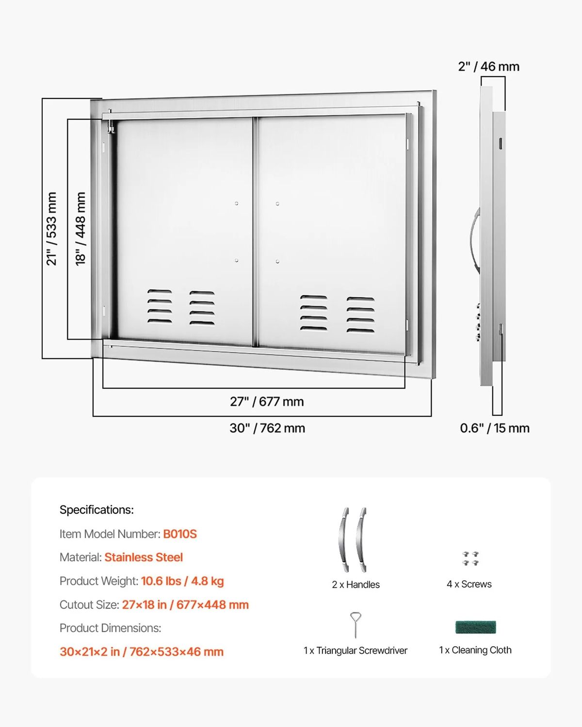 BBQ Access Door 30 x 21 Inch, Double Stainless Steel Outdoor Kitchen Cabinet Door with Handles &amp; Vents for BBQ Island