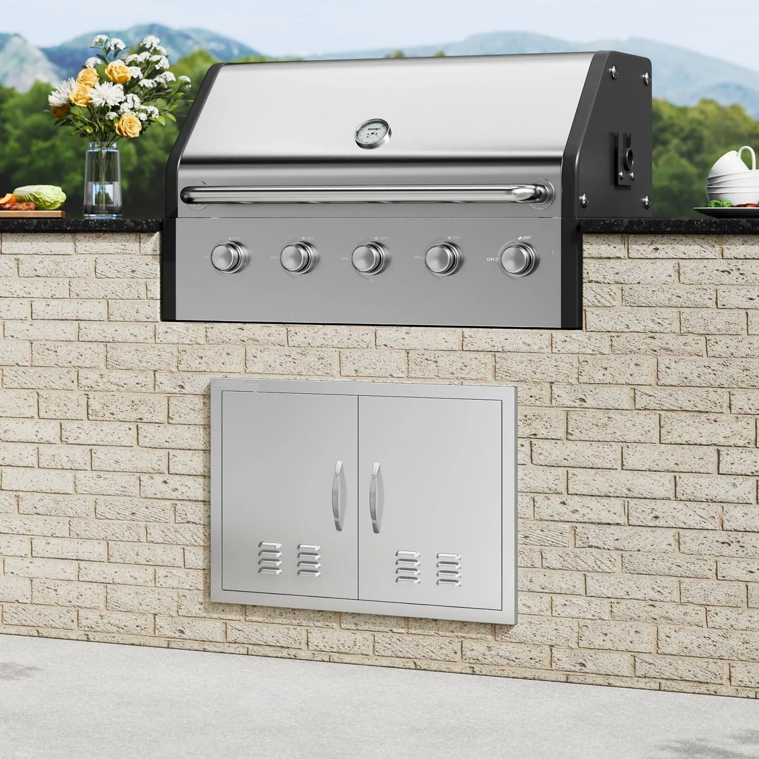 BBQ Access Door 30 x 21 Inch, Double Stainless Steel Outdoor Kitchen Cabinet Door with Handles &amp; Vents for BBQ Island