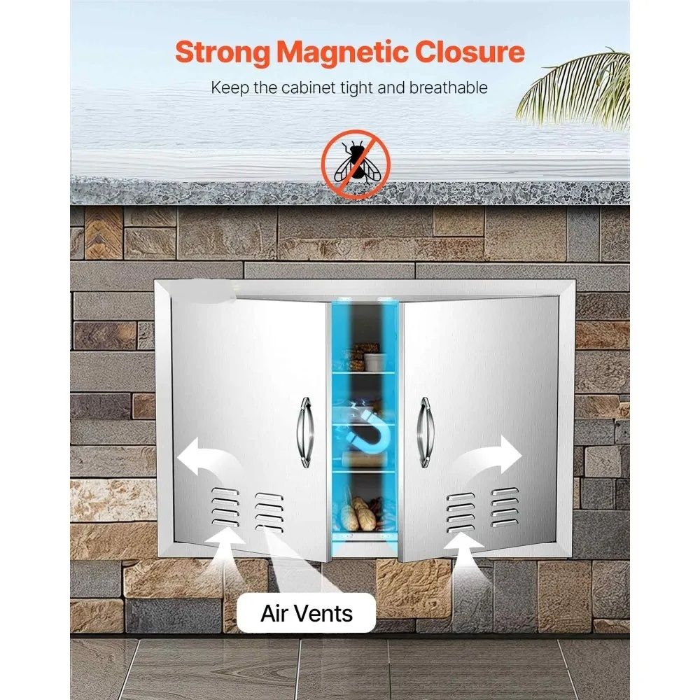 BBQ Access Door 30 x 21 Inch, Double Stainless Steel Outdoor Kitchen Cabinet Door with Handles &amp; Vents for BBQ Island