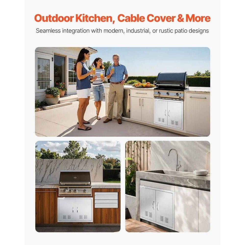 BBQ Access Door 30 x 21 Inch, Double Stainless Steel Outdoor Kitchen Cabinet Door with Handles &amp; Vents for BBQ Island