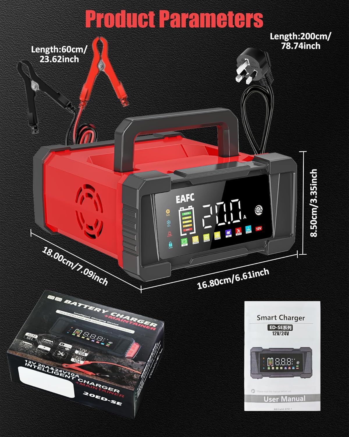 Car Battery Charger 20A 12V 24V Maintainer
