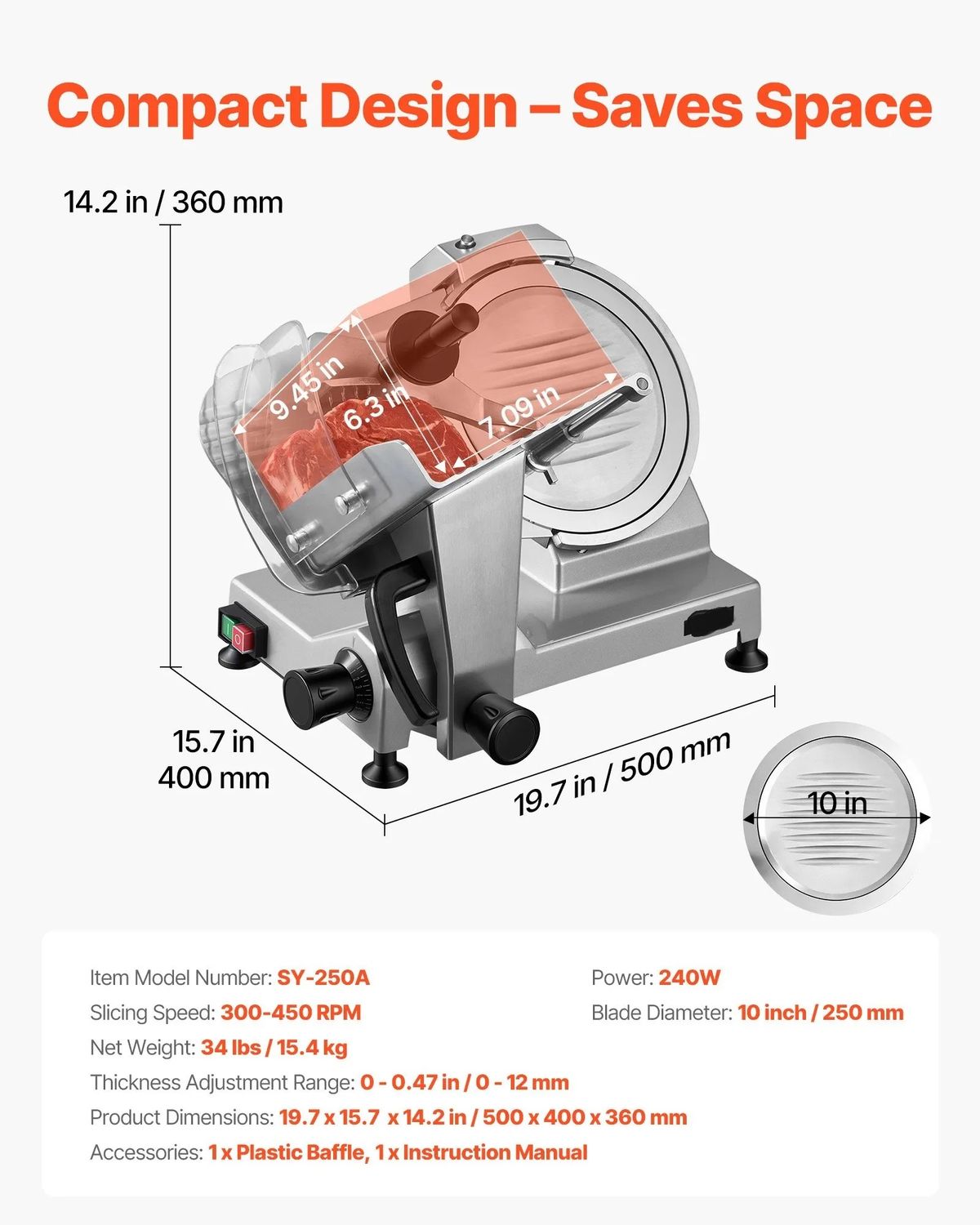 Commercial Meat Slicer 240W 250mm Adjustable