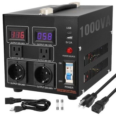 1000W, Heavy Duty Step Up/Down Transformer, Convert from 110 Volt to 220 Volt and from 220 Volt to 110 Volt, with US Outlet, EU Outlet, 5V USB Port 1000W, Heavy Duty Step Up/Down Transformer, Convert from 110 Volt to 220 Volt and from 220 Volt to 110 Volt, with US Outlet, EU Outlet, 5V USB Port