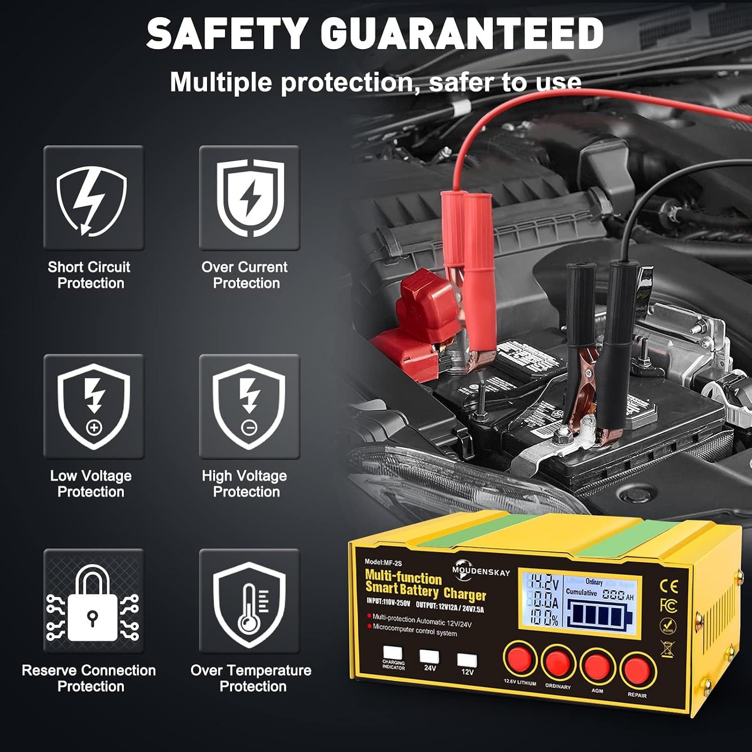 12A Smart Car Battery Charger 12V 24V Lithium SLA AGM EFB Battery Maintainer