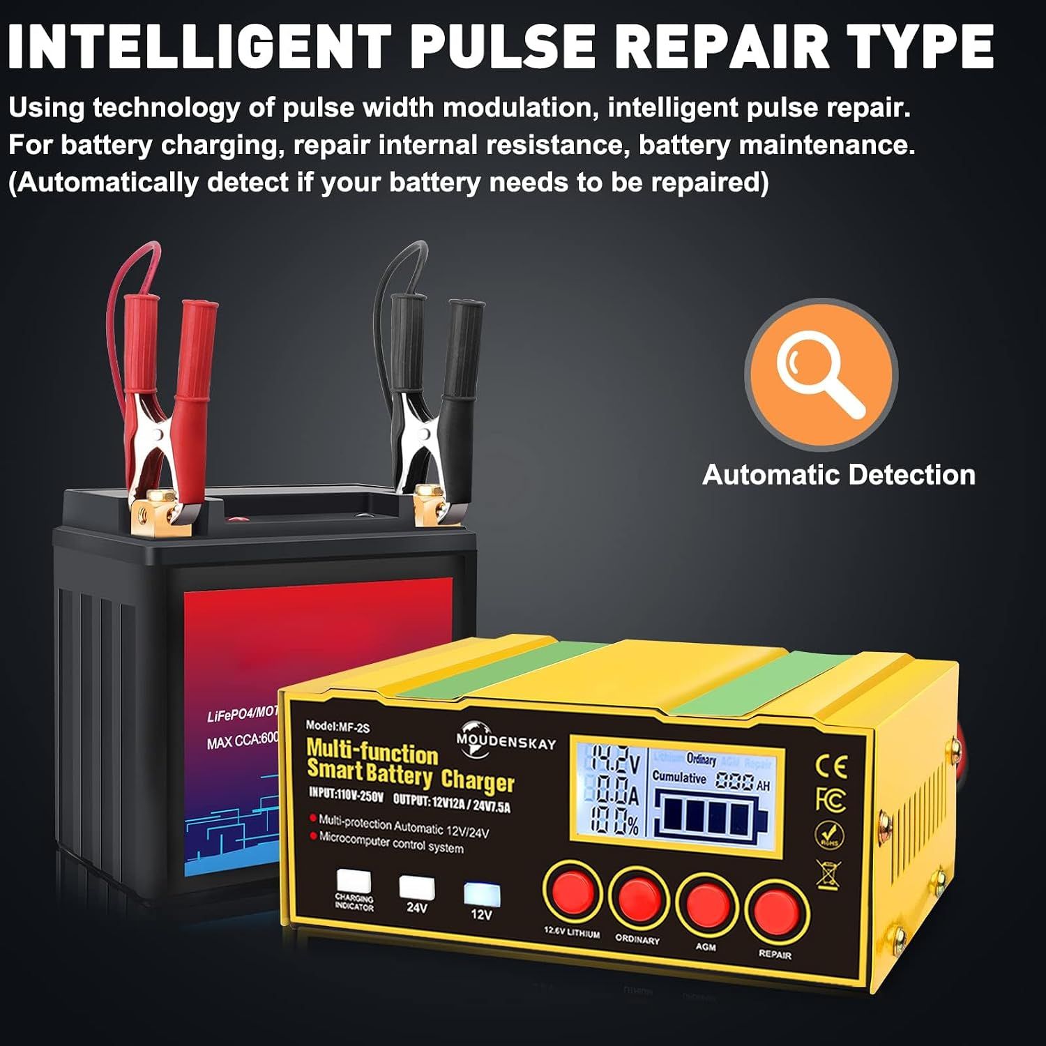 12A Smart Car Battery Charger 12V 24V Lithium SLA AGM EFB Battery Maintainer