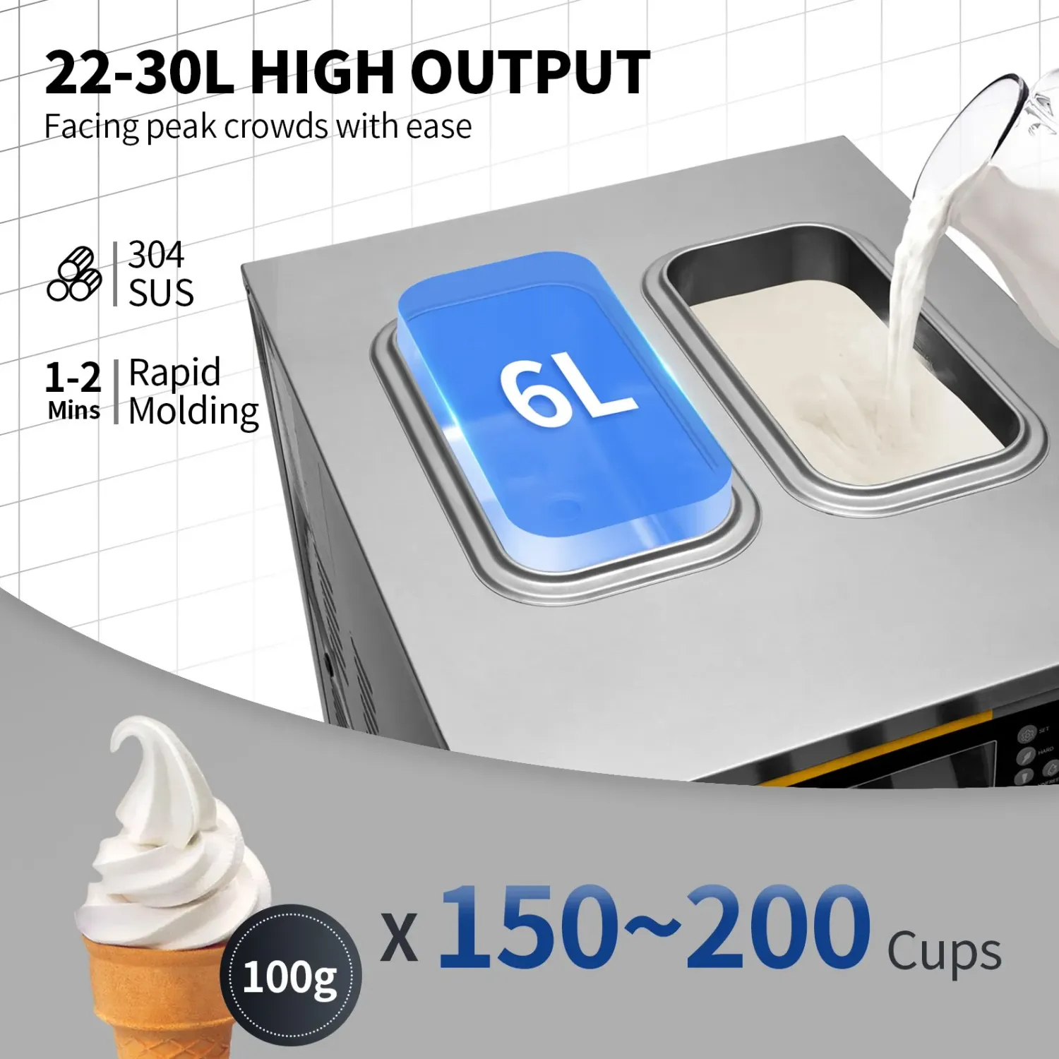Commercial Soft Serve Ice Cream Maker 22-30L/H with LCD Panel