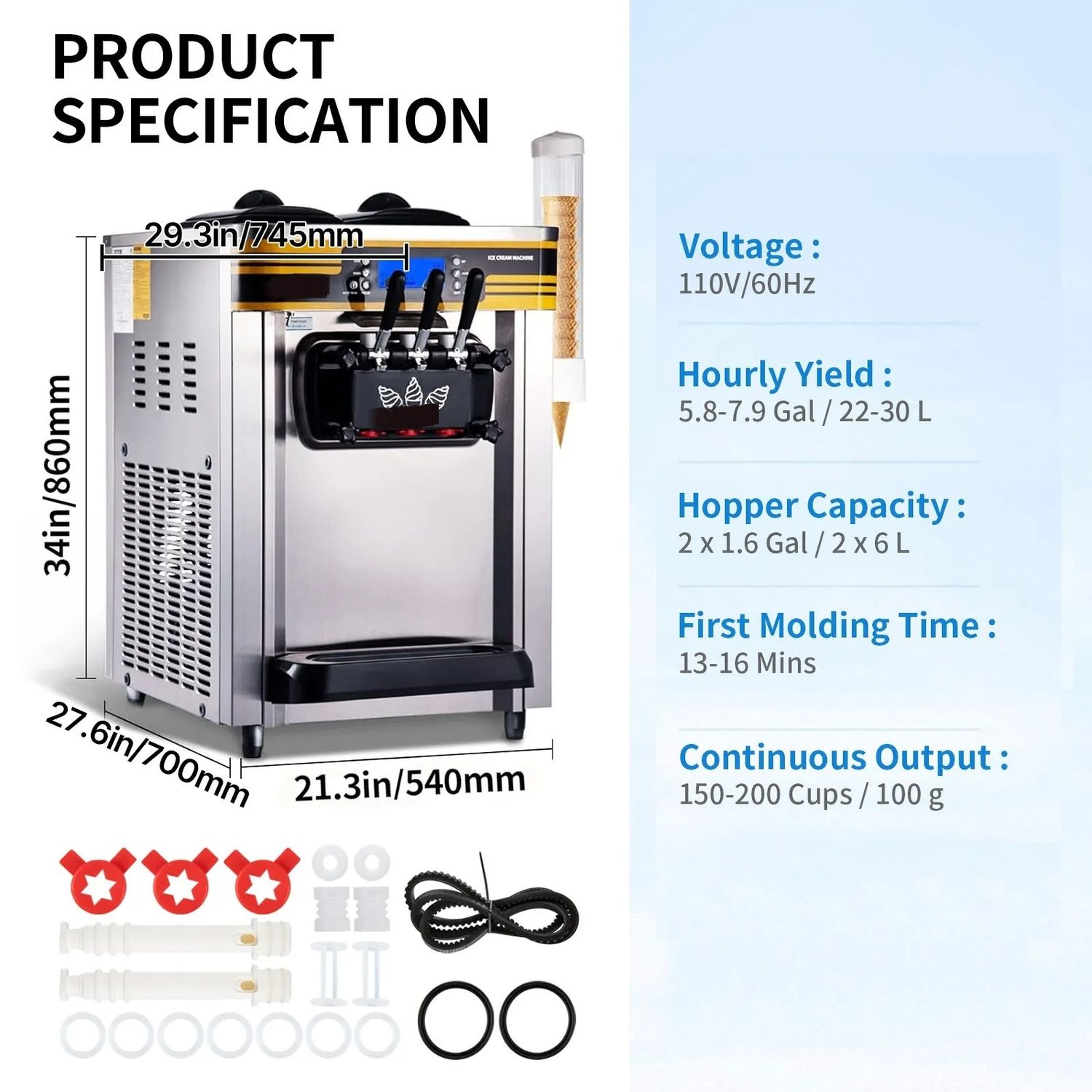 Commercial Soft Serve Ice Cream Maker 22-30L/H with LCD Panel