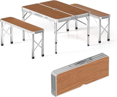 Foldable Camping Table with 2 Benches Aluminium