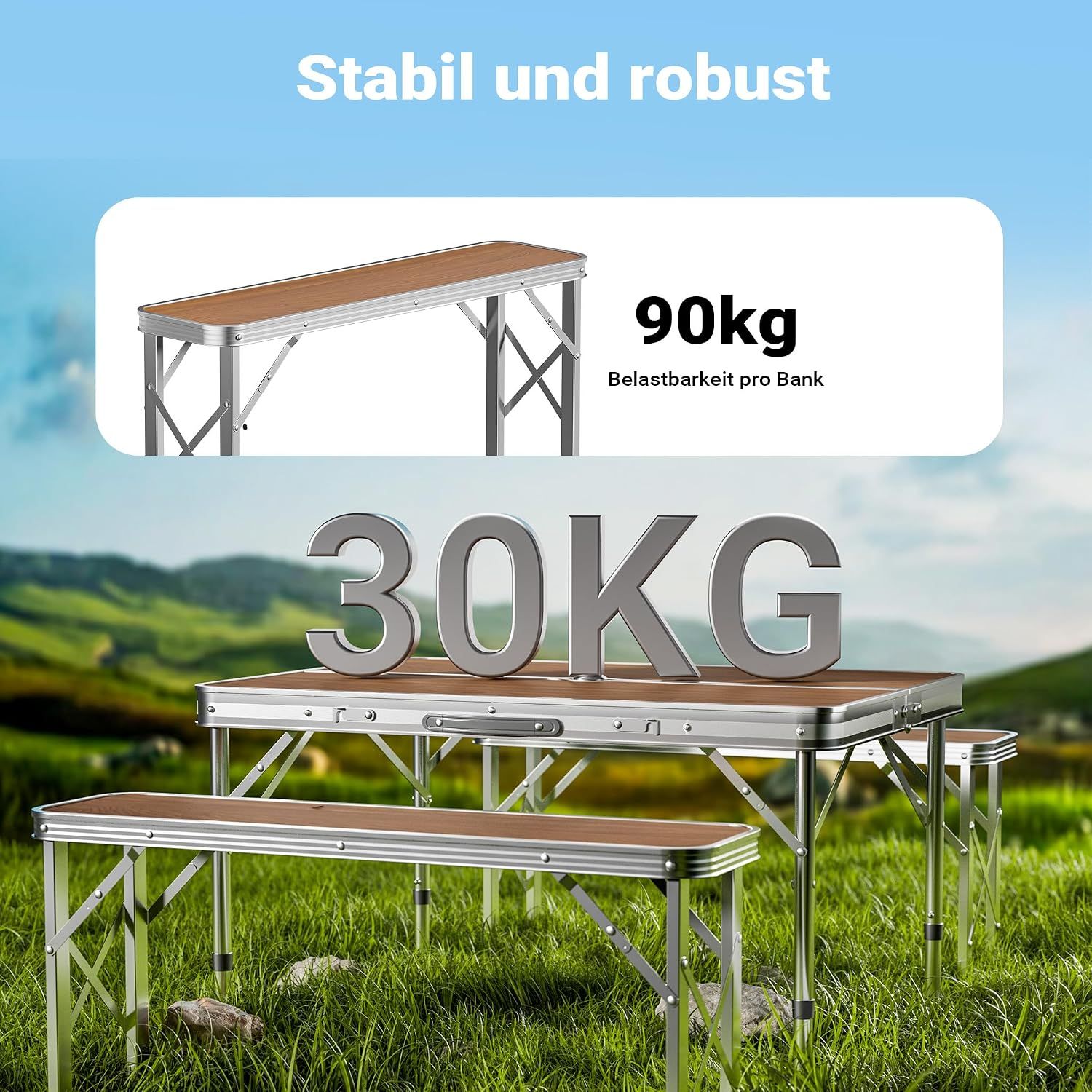 Foldable Camping Table with 2 Benches Aluminium
