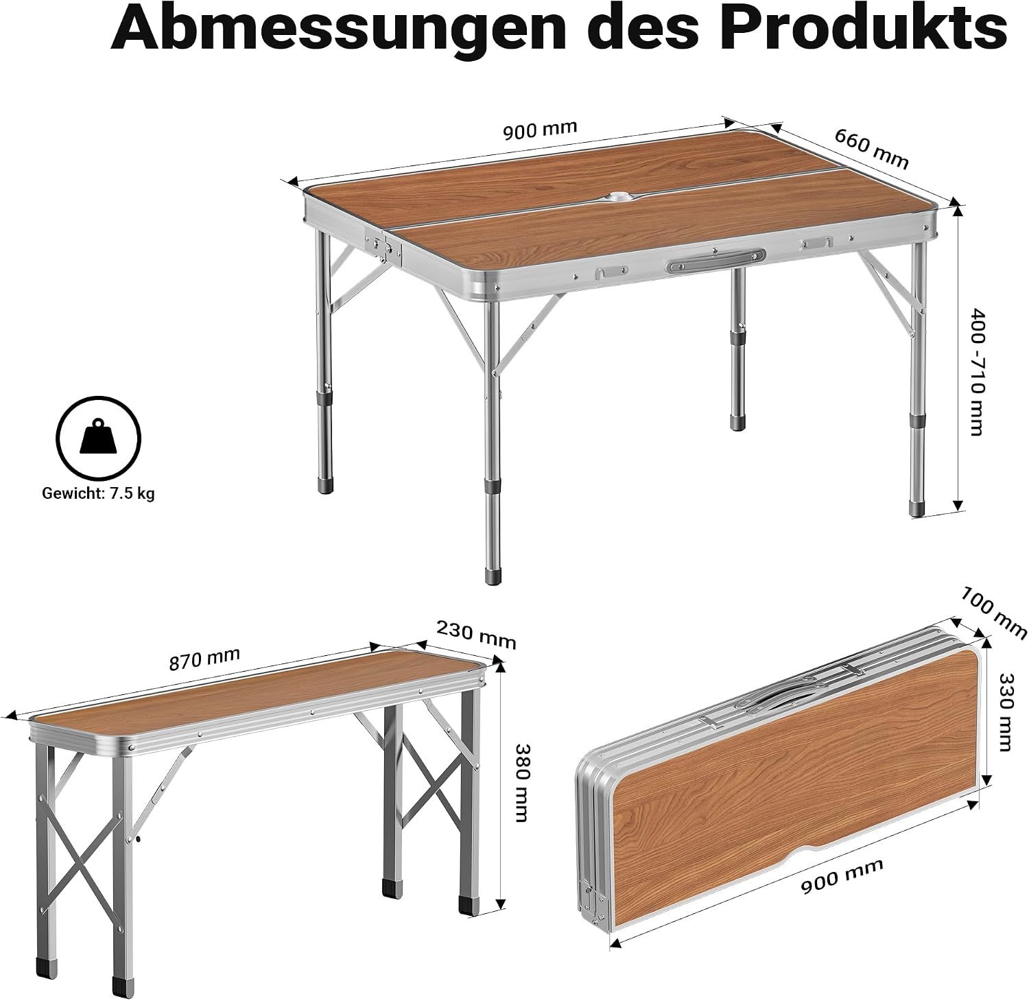 Foldable Camping Table with 2 Benches Aluminium