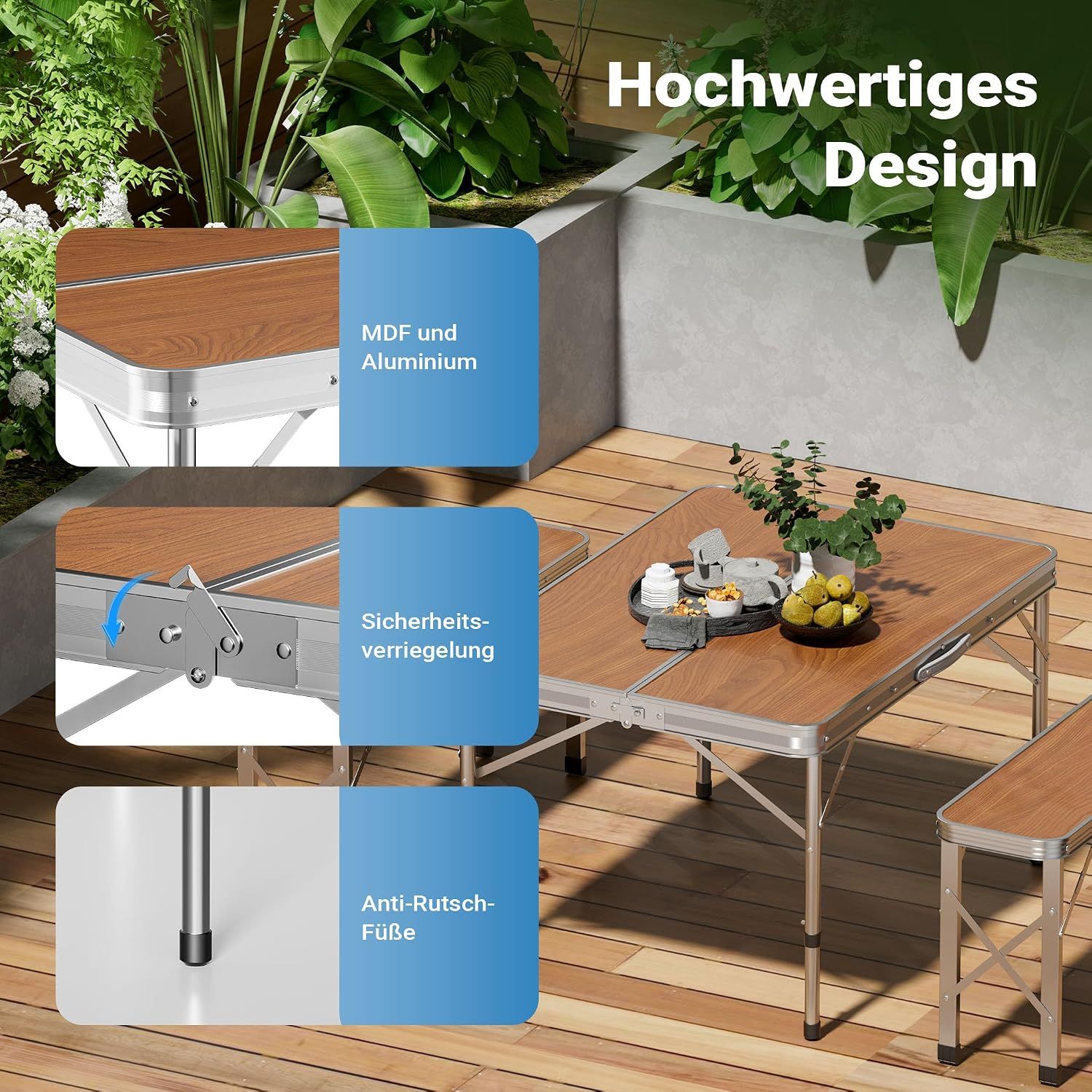 Foldable Camping Table with 2 Benches Aluminium